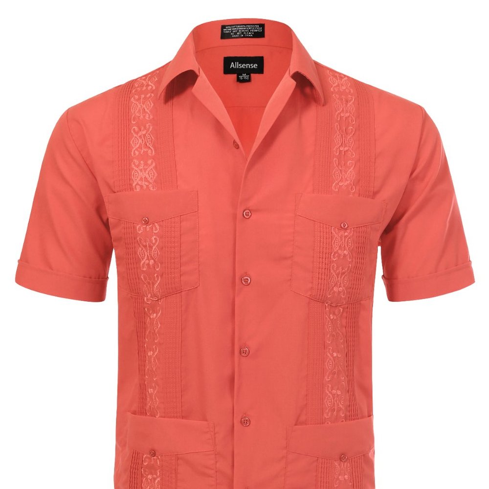 Men's Short Sleeve Cuban Guayabera Shirt Coral